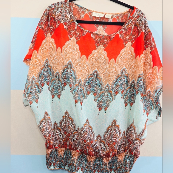 Allison Brittney Boho Coral, Orange & Aqua Paisley Dolman - Picture 2 of 6